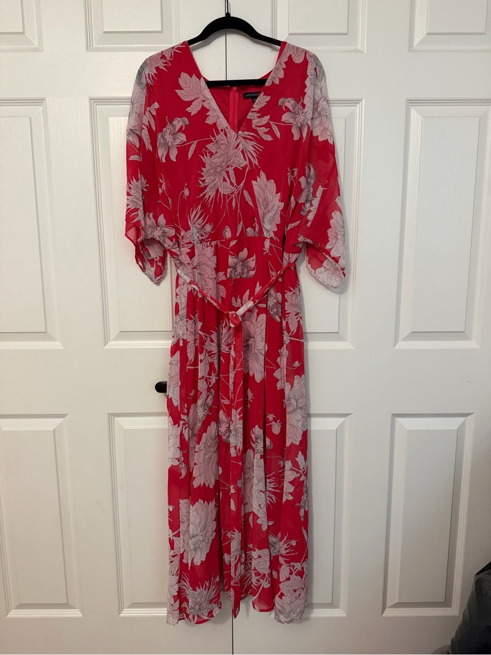 Lane Bryant Red Floral Maxi Dress Size 18 – Flowy Sleeve Tie Waist